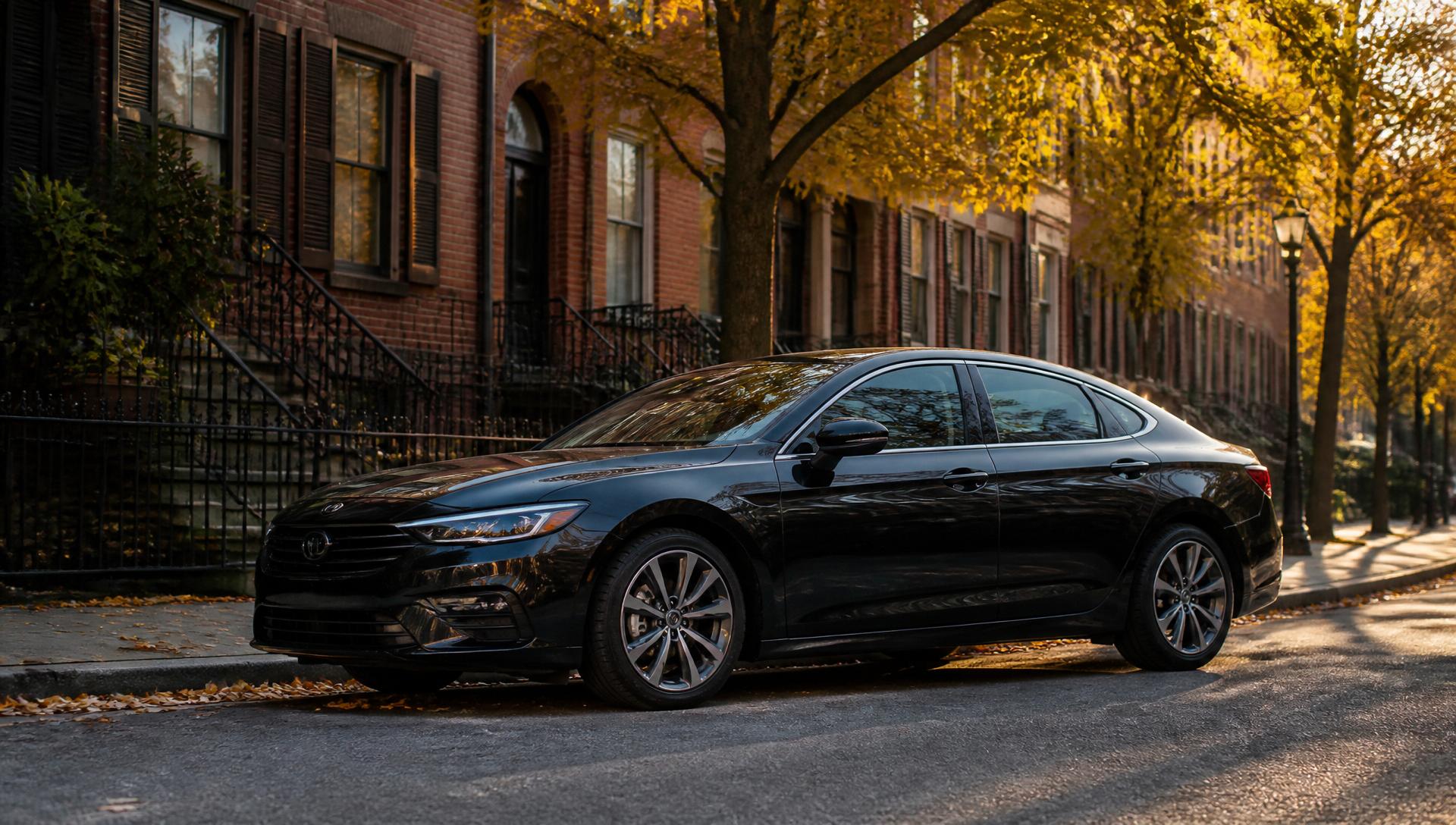 Clean black passenger sedan waiting on a tree-lined New England street